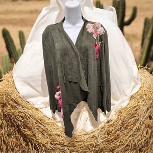 V. Cristina vegan green suede waterfall cardigan with floral embroidery XL